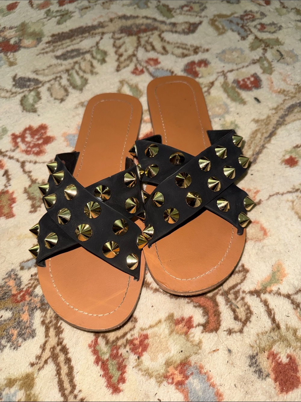 Black Studded Slide Sandals with Gold Spikes